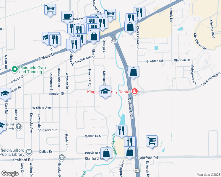 map of restaurants, bars, coffee shops, grocery stores, and more near 1013 Stevens Drive in Plainfield