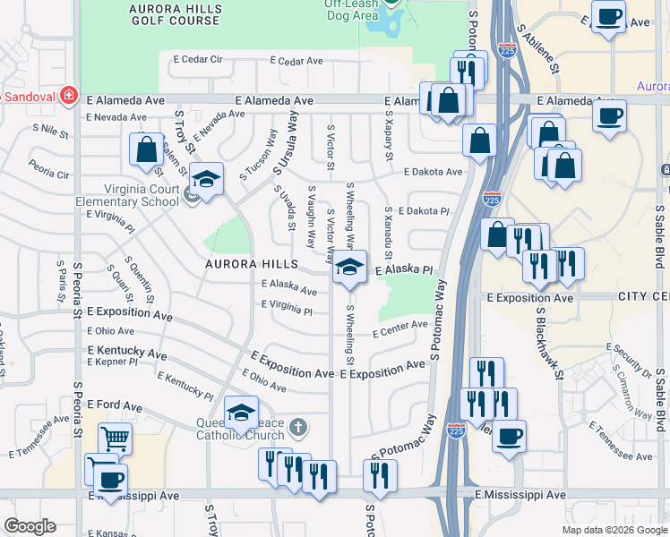 map of restaurants, bars, coffee shops, grocery stores, and more near 448 South Victor Way in Aurora