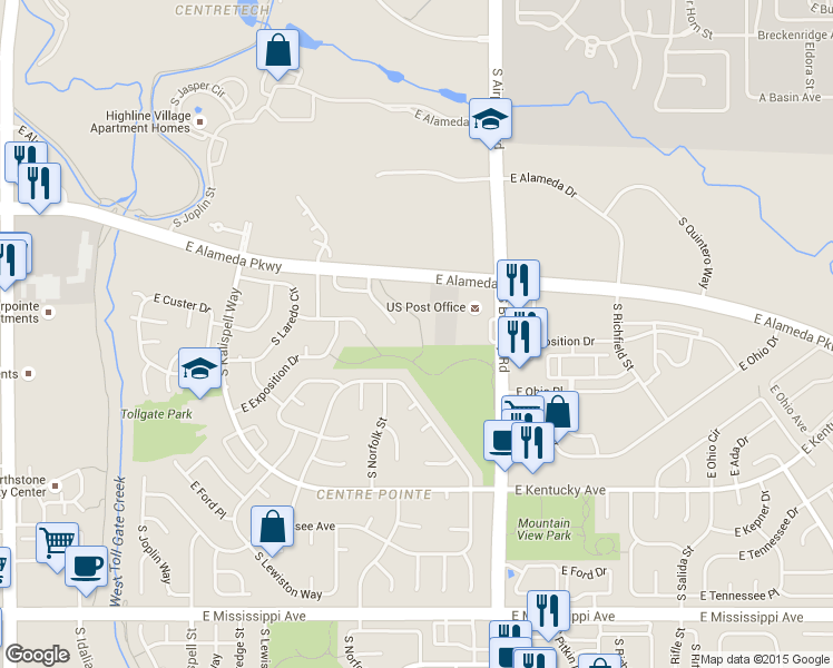 map of restaurants, bars, coffee shops, grocery stores, and more near 642 South Norfolk Way in Aurora
