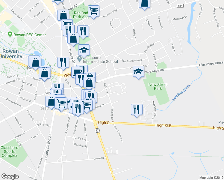 map of restaurants, bars, coffee shops, grocery stores, and more near 252 Ruth Avenue in Glassboro