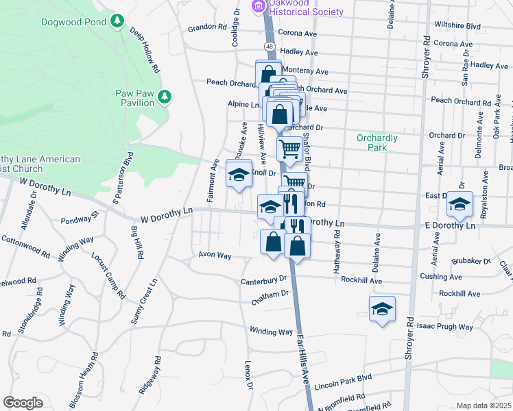 map of restaurants, bars, coffee shops, grocery stores, and more near 135 West Dorothy Lane in Dayton