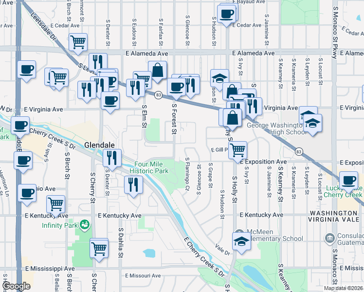 map of restaurants, bars, coffee shops, grocery stores, and more near 540 South Forest Street in Denver