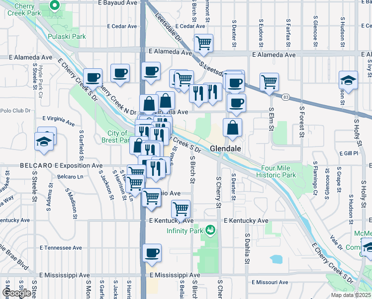 map of restaurants, bars, coffee shops, grocery stores, and more near 4300 East Cherry Creek South Drive in Glendale