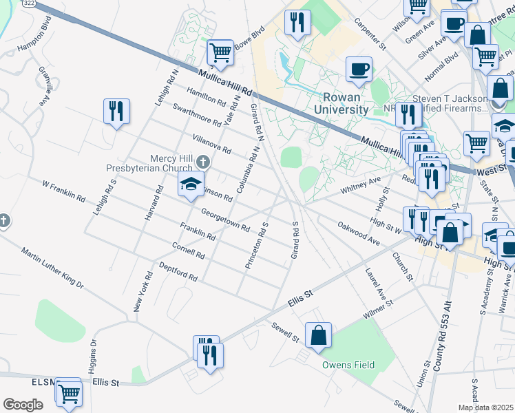 map of restaurants, bars, coffee shops, grocery stores, and more near 107 Dickinson Road in Glassboro