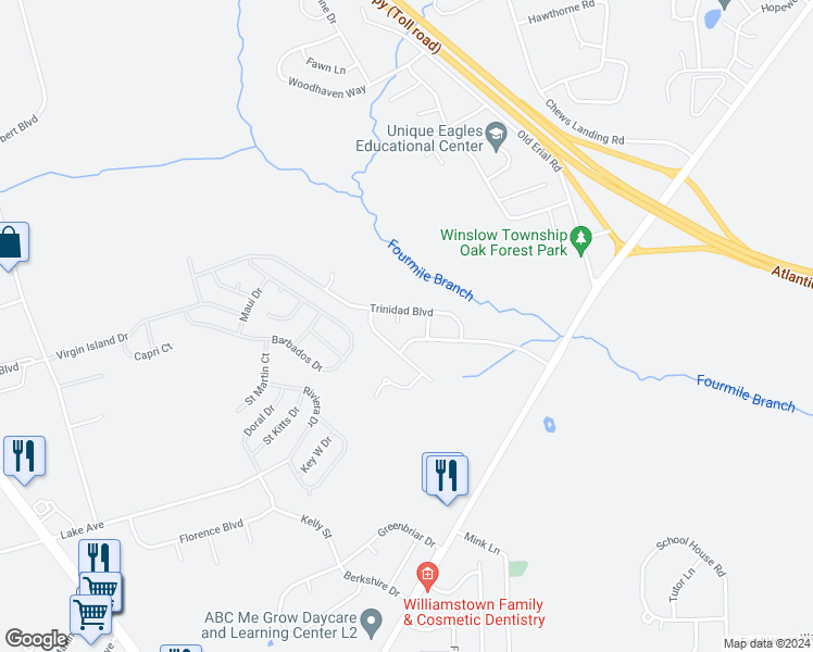 map of restaurants, bars, coffee shops, grocery stores, and more near 688 Rio Court in Monroe Township