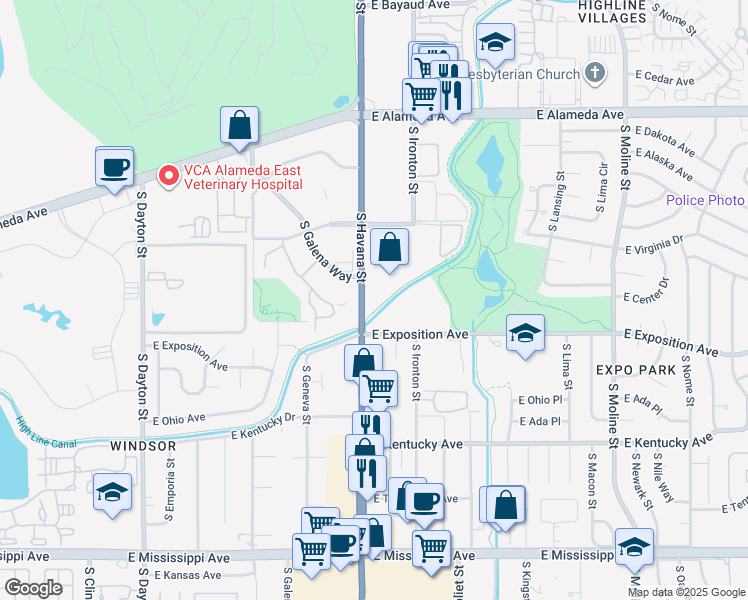 map of restaurants, bars, coffee shops, grocery stores, and more near 658 South Havana Street in Aurora