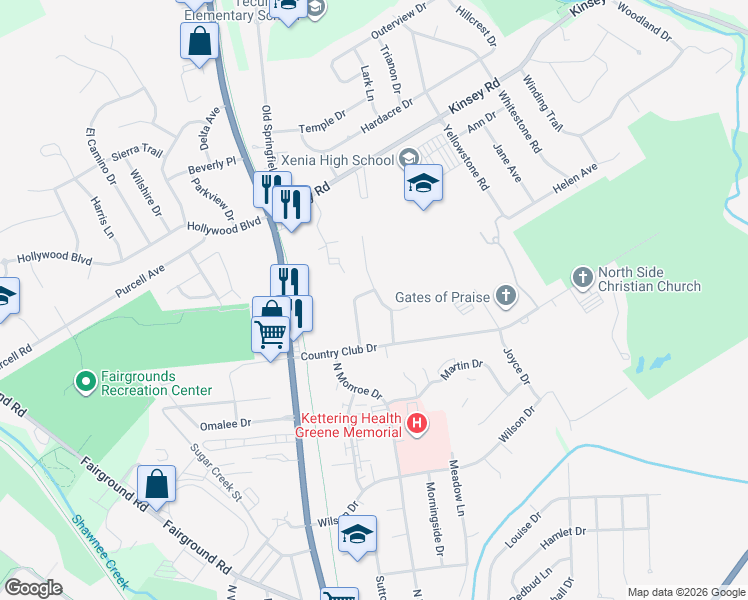map of restaurants, bars, coffee shops, grocery stores, and more near 1522 Deanne Drive in Xenia