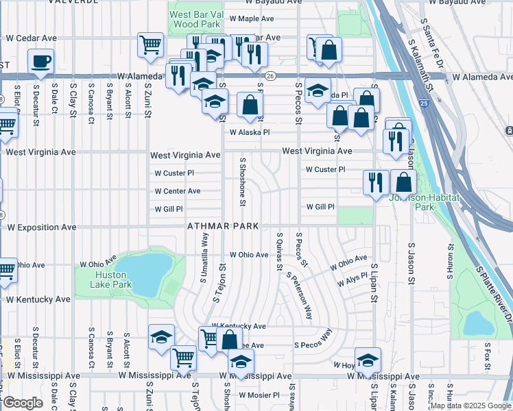 map of restaurants, bars, coffee shops, grocery stores, and more near 623 South Raritan Street in Denver
