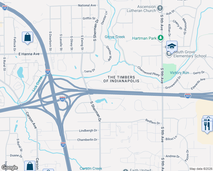 map of restaurants, bars, coffee shops, grocery stores, and more near 3842 Dundee Drive in Indianapolis