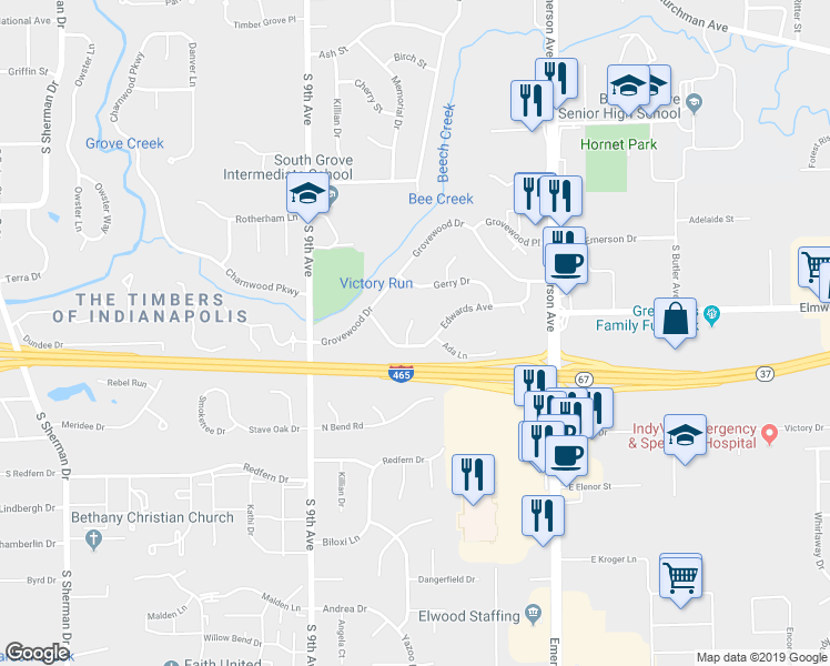 map of restaurants, bars, coffee shops, grocery stores, and more near 5 Edwards Court in Beech Grove