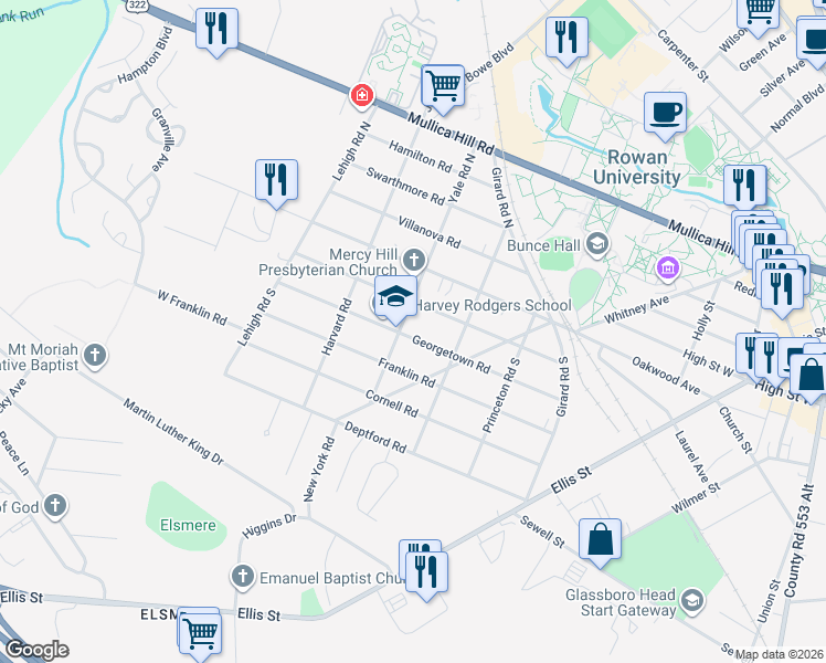 map of restaurants, bars, coffee shops, grocery stores, and more near 219 Georgetown Road in Glassboro