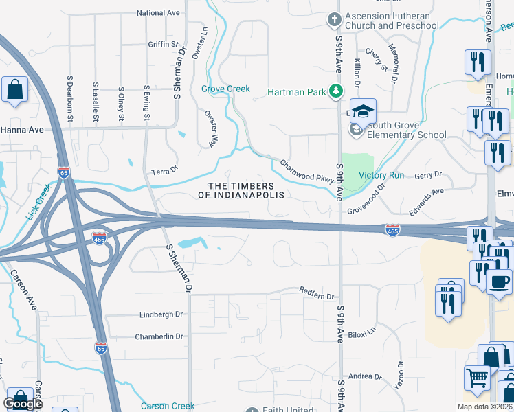 map of restaurants, bars, coffee shops, grocery stores, and more near 4020 Dundee Drive in Indianapolis