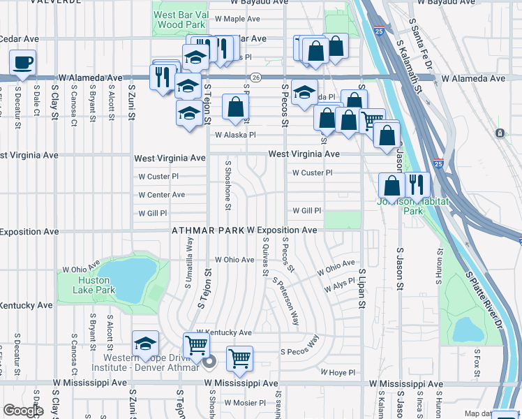 map of restaurants, bars, coffee shops, grocery stores, and more near 625 South Quivas Street in Denver
