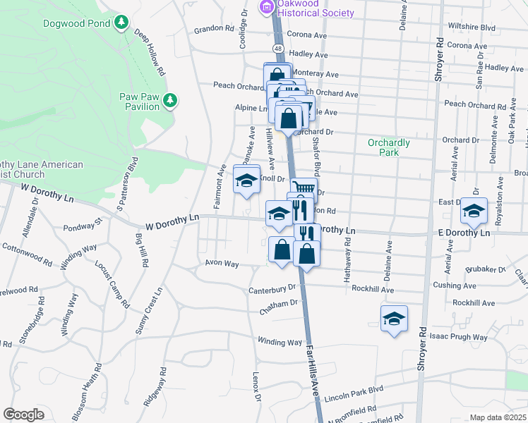 map of restaurants, bars, coffee shops, grocery stores, and more near 135 West Dorothy Lane in Dayton
