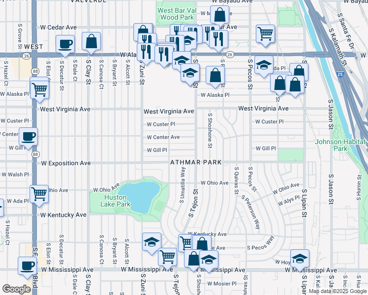 map of restaurants, bars, coffee shops, grocery stores, and more near 2041 West Gill Place in Denver
