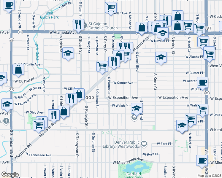 map of restaurants, bars, coffee shops, grocery stores, and more near 632 South Patton Court in Denver