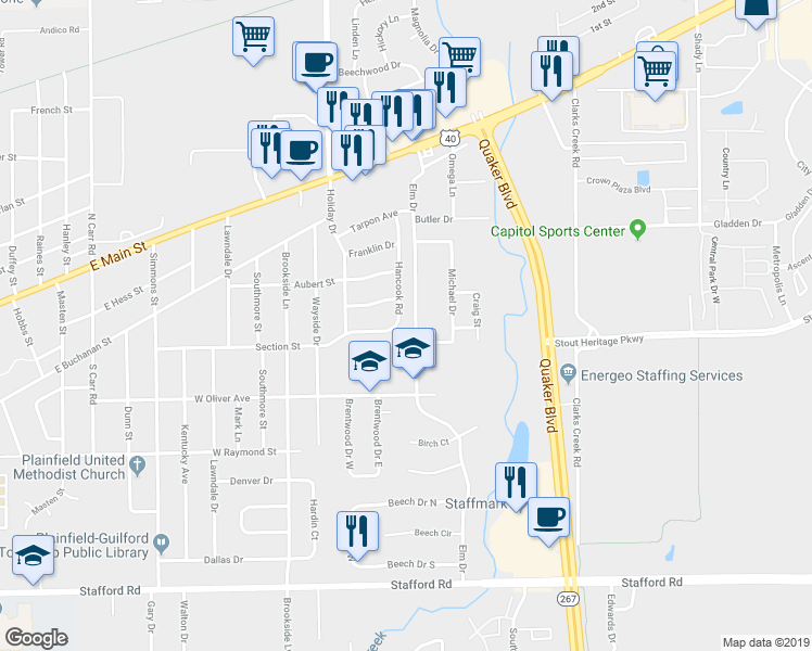 map of restaurants, bars, coffee shops, grocery stores, and more near 329 Hancook Rd in Plainfield