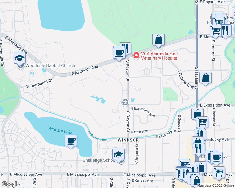 map of restaurants, bars, coffee shops, grocery stores, and more near 635 South Clinton Street in Denver