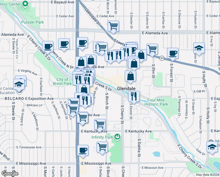 map of restaurants, bars, coffee shops, grocery stores, and more near Cherry Creek South Drive in Glendale
