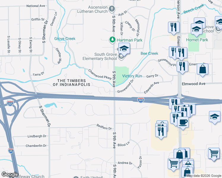 map of restaurants, bars, coffee shops, grocery stores, and more near 1031 Morning Sun Lane in Beech Grove