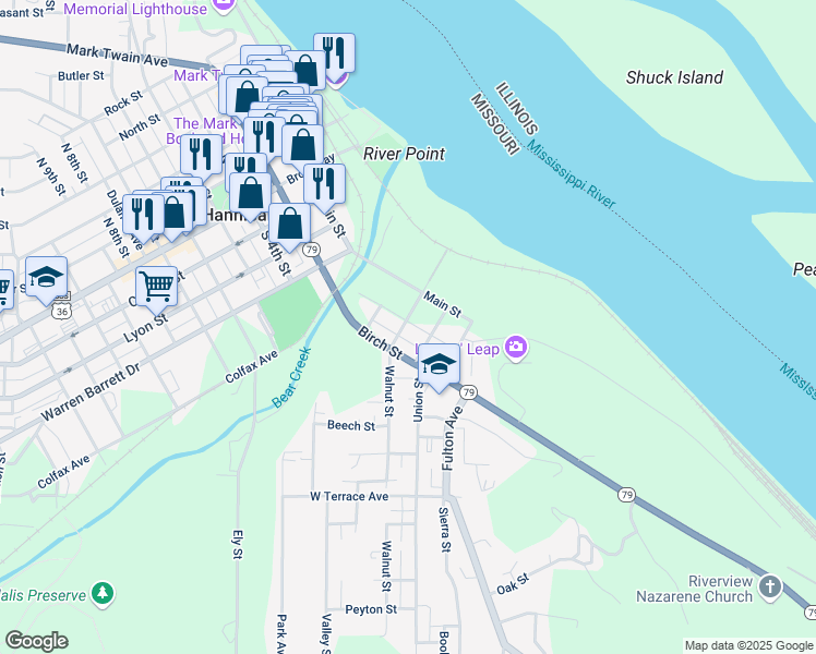 map of restaurants, bars, coffee shops, grocery stores, and more near 719 Sycamore Street in Hannibal