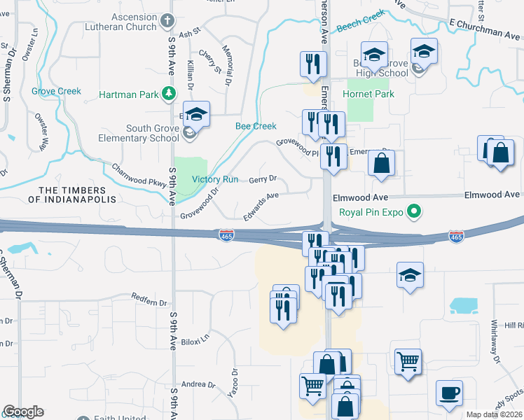 map of restaurants, bars, coffee shops, grocery stores, and more near 409 Edwards Avenue in Beech Grove