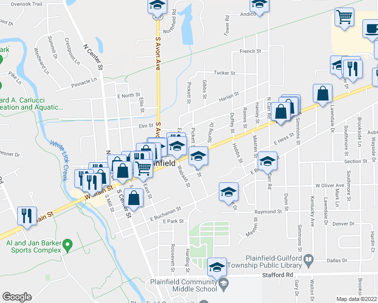 map of restaurants, bars, coffee shops, grocery stores, and more near 426 East Main Street in Plainfield