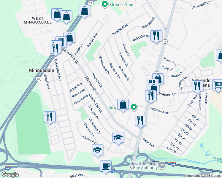 map of restaurants, bars, coffee shops, grocery stores, and more near 211 Parma Avenue in New Castle