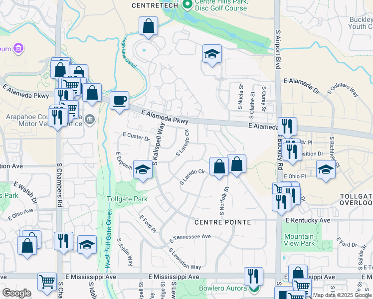 map of restaurants, bars, coffee shops, grocery stores, and more near 604 South Laredo Circle in Aurora