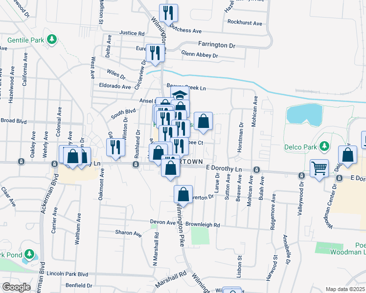 map of restaurants, bars, coffee shops, grocery stores, and more near 2900 Wilmington Pike in Kettering