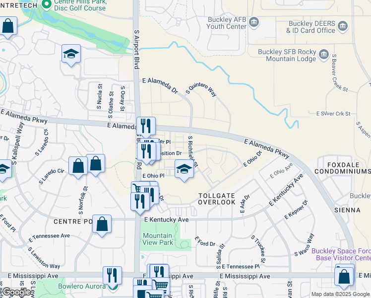 map of restaurants, bars, coffee shops, grocery stores, and more near 637 South Richfield Street in Aurora