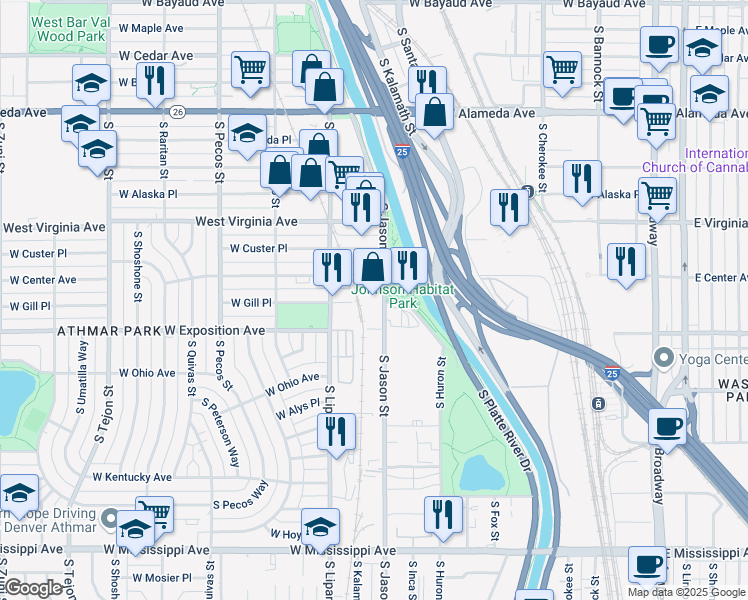 map of restaurants, bars, coffee shops, grocery stores, and more near 641 South Jason Street in Denver