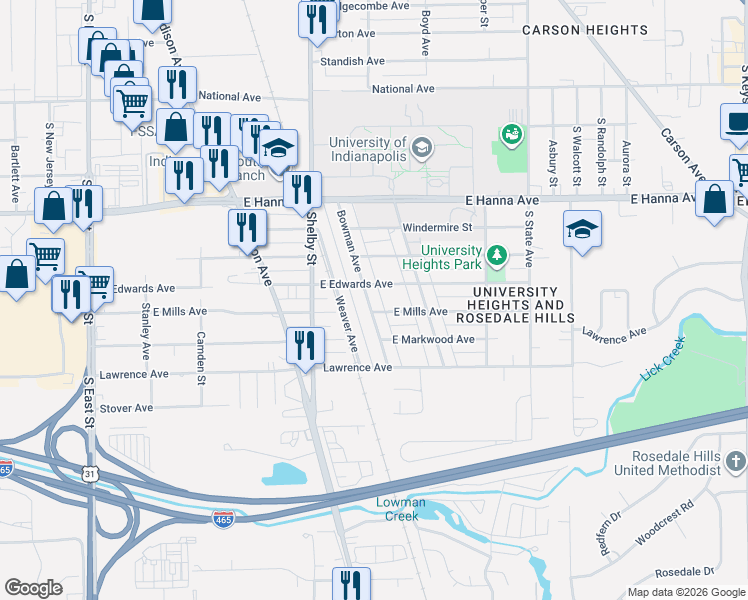 map of restaurants, bars, coffee shops, grocery stores, and more near 1220 East Mills Avenue in Indianapolis
