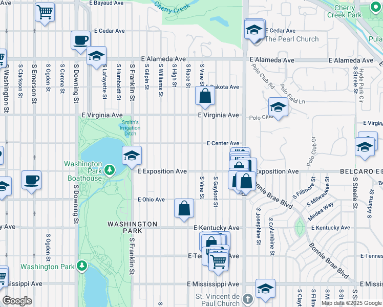 map of restaurants, bars, coffee shops, grocery stores, and more near 634 South Race Street in Denver