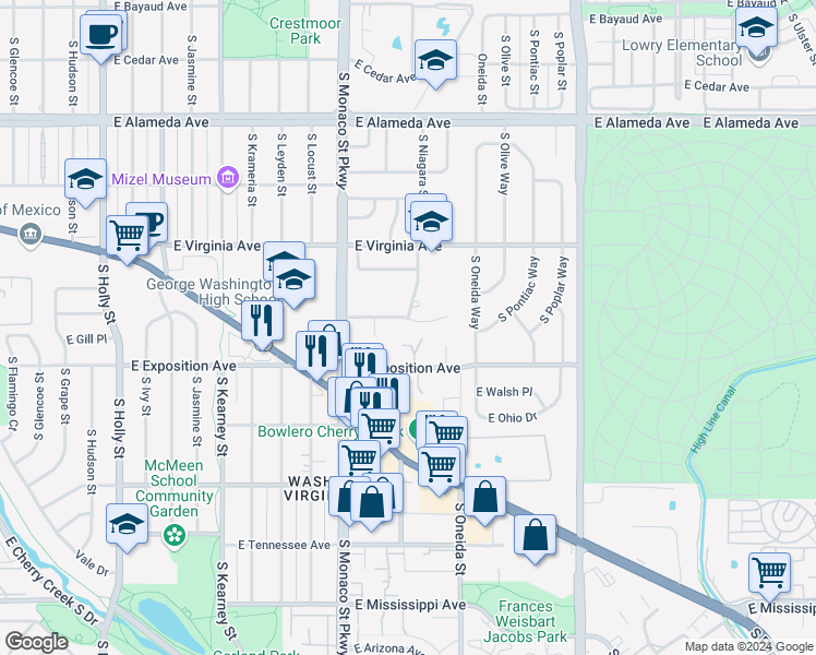 map of restaurants, bars, coffee shops, grocery stores, and more near 6722 East Center Avenue in Denver