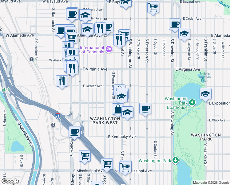 map of restaurants, bars, coffee shops, grocery stores, and more near 635 South Pennsylvania Street in Denver