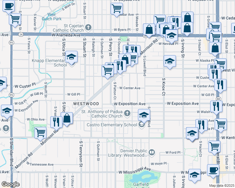 map of restaurants, bars, coffee shops, grocery stores, and more near 632 South Patton Court in Denver