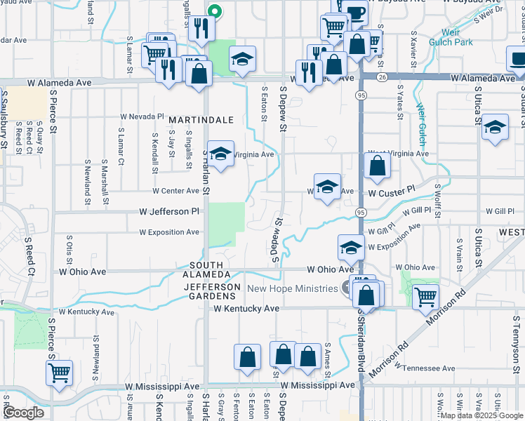 map of restaurants, bars, coffee shops, grocery stores, and more near 679 South Depew Street in Lakewood