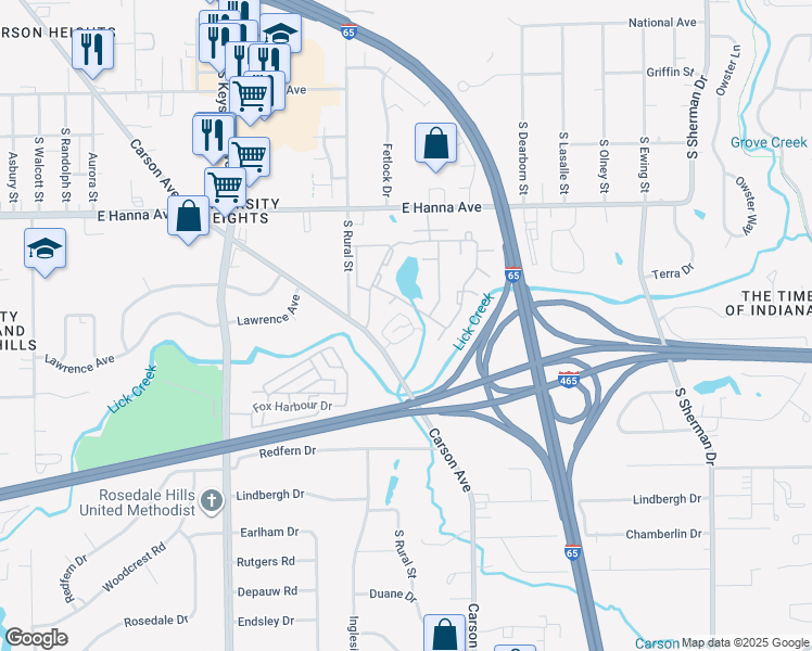 map of restaurants, bars, coffee shops, grocery stores, and more near 2940 Carson Drive in Indianapolis