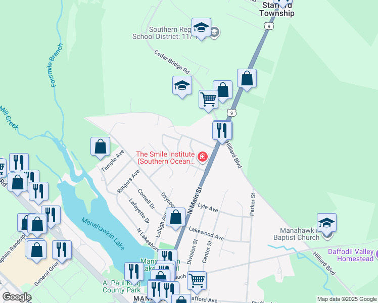 map of restaurants, bars, coffee shops, grocery stores, and more near 344 Cedar Drive in Stafford Township
