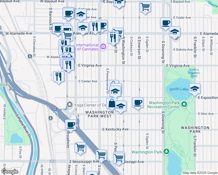 map of restaurants, bars, coffee shops, grocery stores, and more near 635 South Pennsylvania Street in Denver