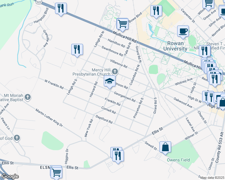 map of restaurants, bars, coffee shops, grocery stores, and more near 215 Georgetown Road in Glassboro