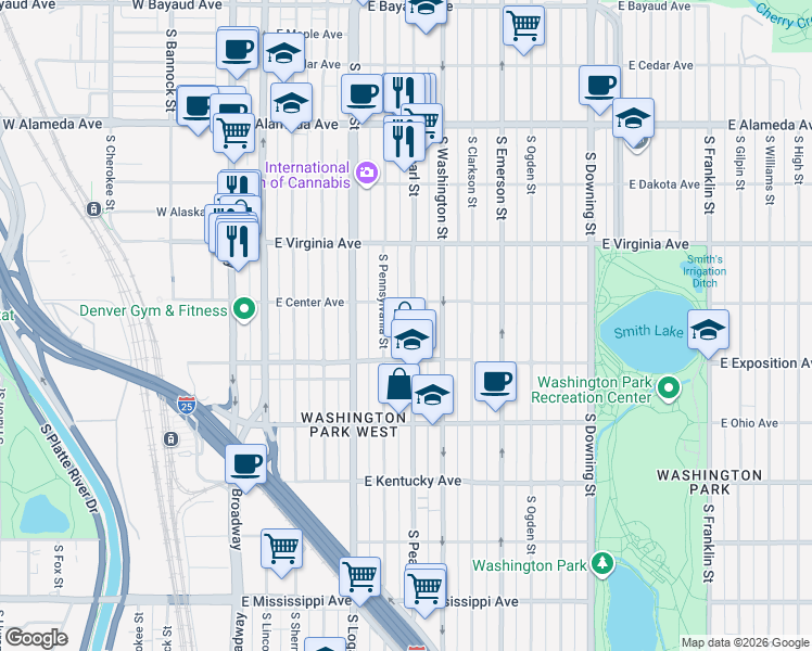 map of restaurants, bars, coffee shops, grocery stores, and more near 635 South Pearl Street in Denver