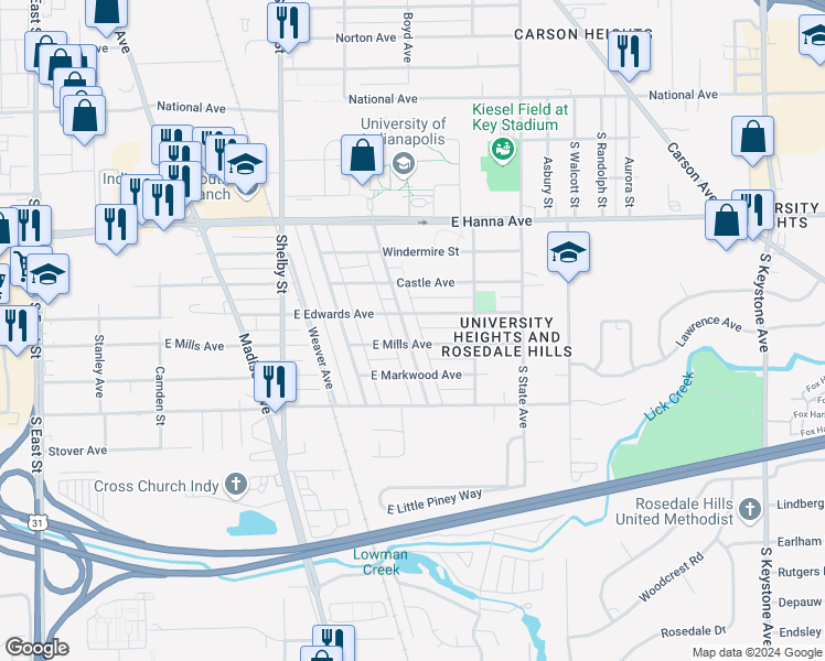 map of restaurants, bars, coffee shops, grocery stores, and more near 4159 Otterbein Avenue in Indianapolis