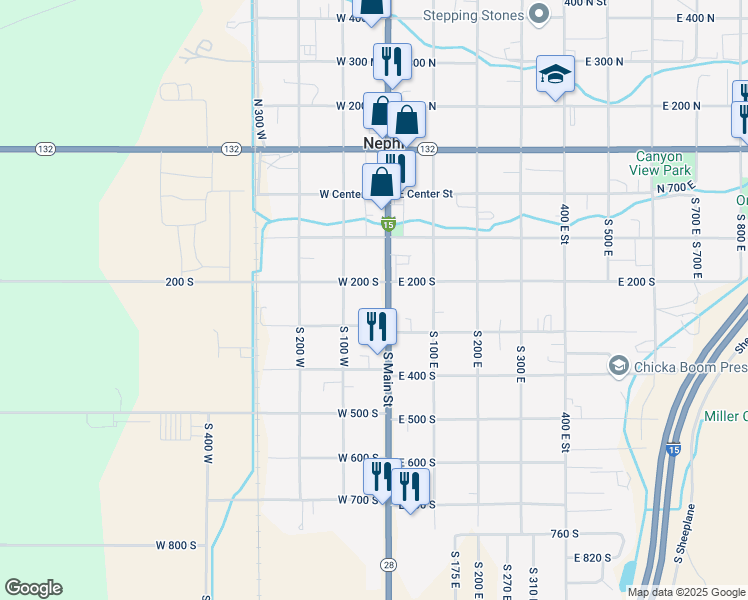 map of restaurants, bars, coffee shops, grocery stores, and more near 246 South Main Street in Nephi
