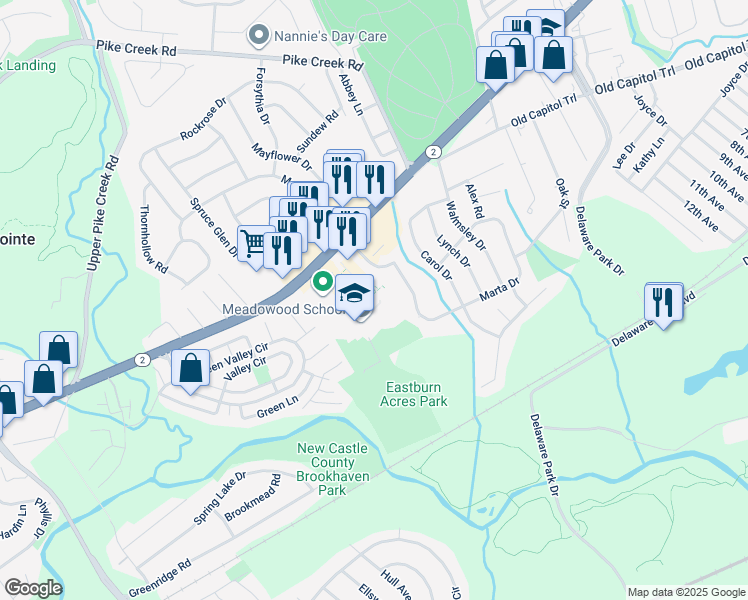 map of restaurants, bars, coffee shops, grocery stores, and more near 55 South Meadowood Drive in Newark