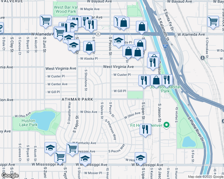 map of restaurants, bars, coffee shops, grocery stores, and more near 624 South Pecos Street in Denver