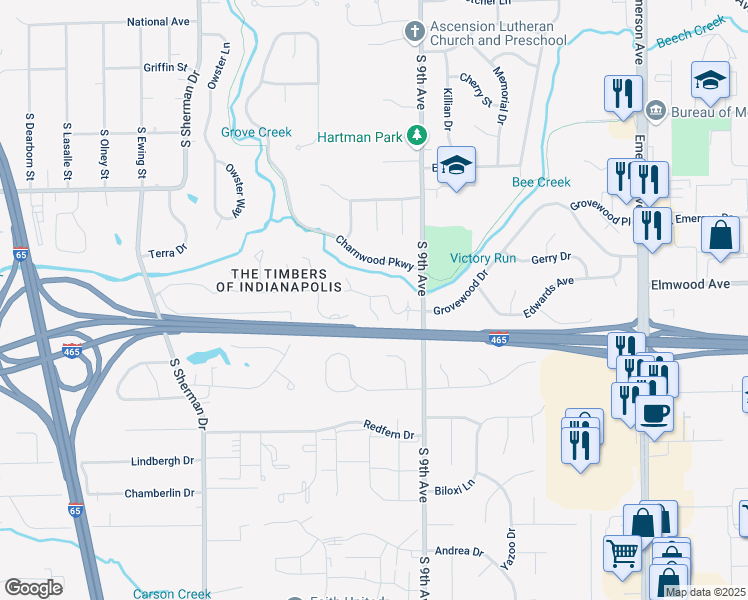 map of restaurants, bars, coffee shops, grocery stores, and more near 1023 Evening Shade Circle in Beech Grove