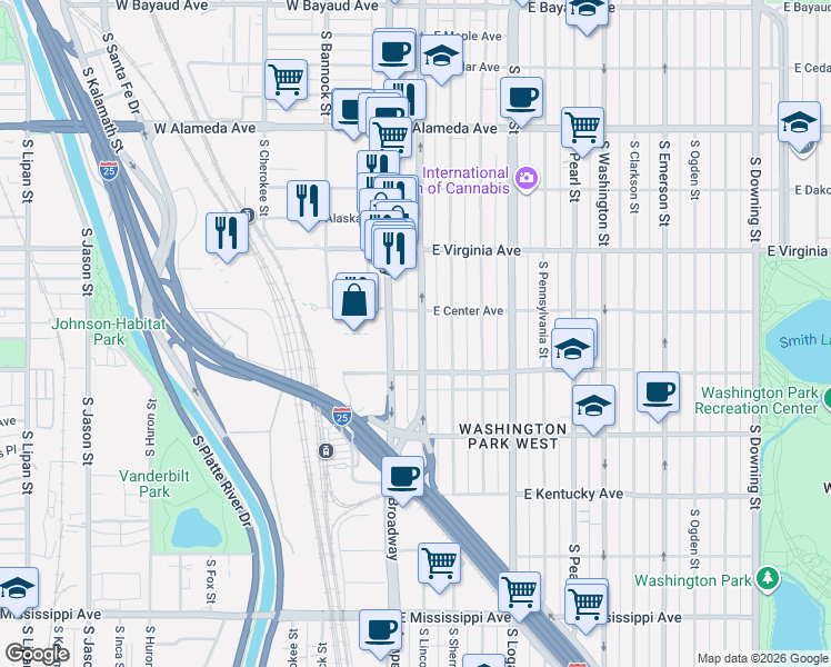 map of restaurants, bars, coffee shops, grocery stores, and more near 633 South Lincoln Street in Denver