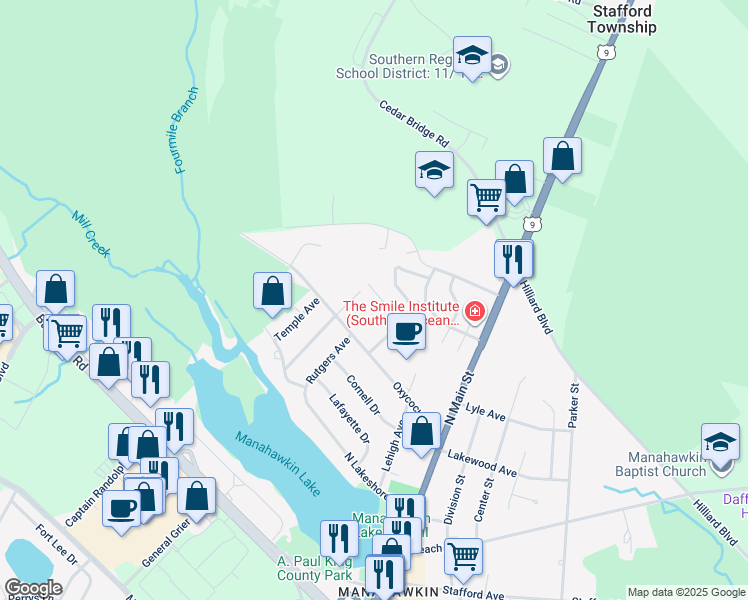 map of restaurants, bars, coffee shops, grocery stores, and more near 368 Deer Lake Court in Manahawkin